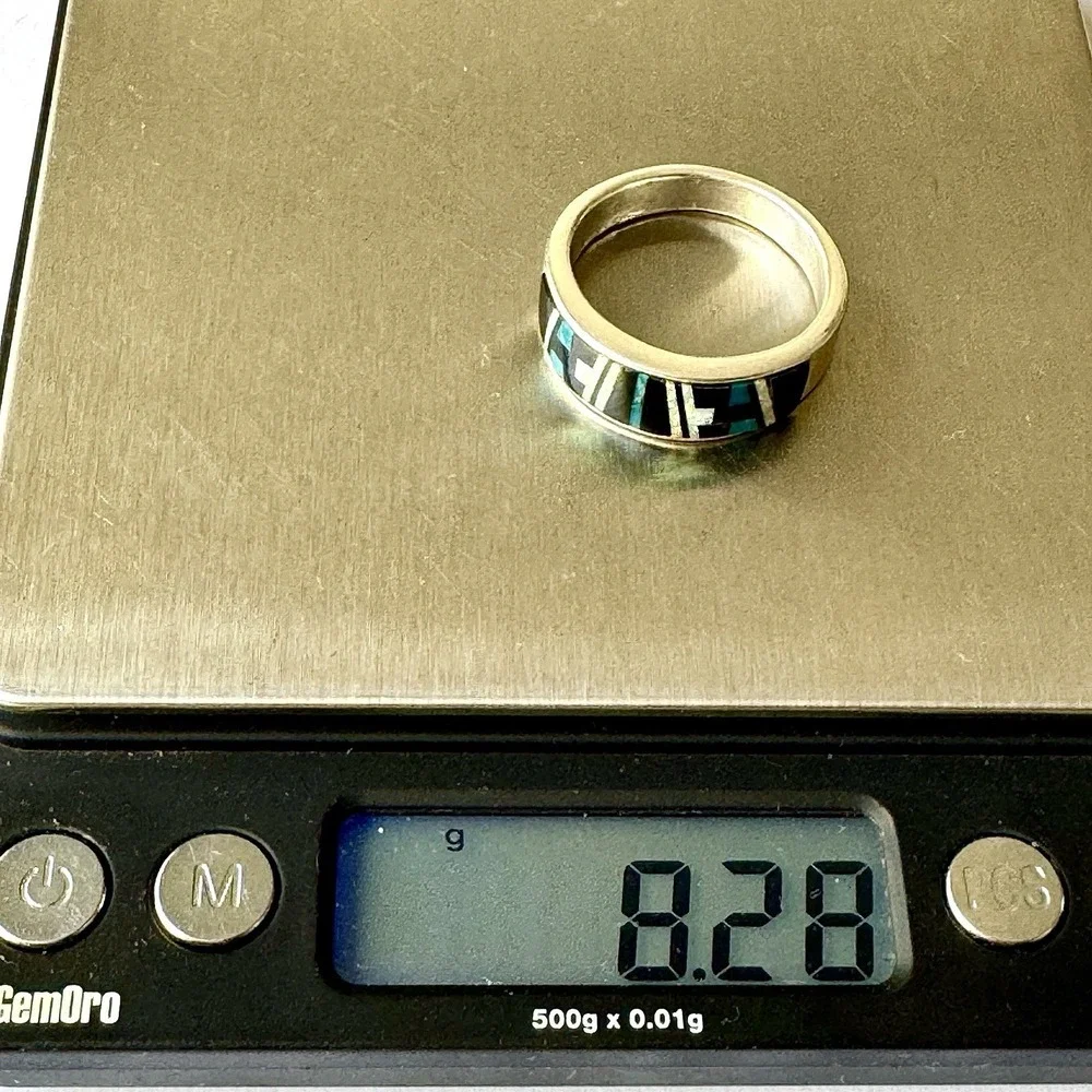 Navajo Inlay Wedding Band Mens Sz 12.5‎ Ring Turquoise Opal 9mm Signed AT